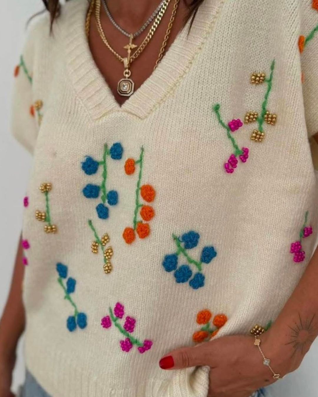Cream Embroidered Floral Knit Vest