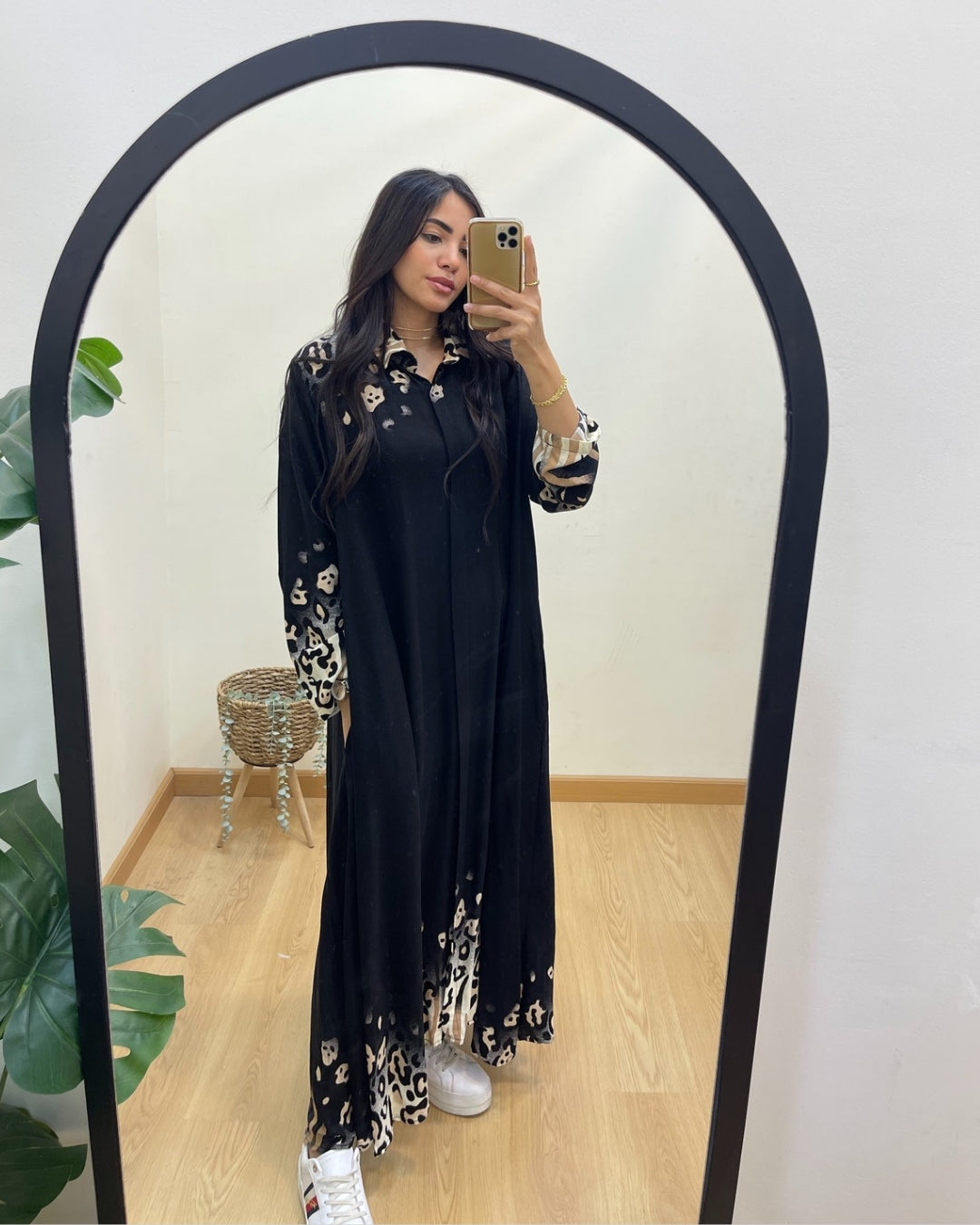 Black Belted Shirt Dress With Leopard Details