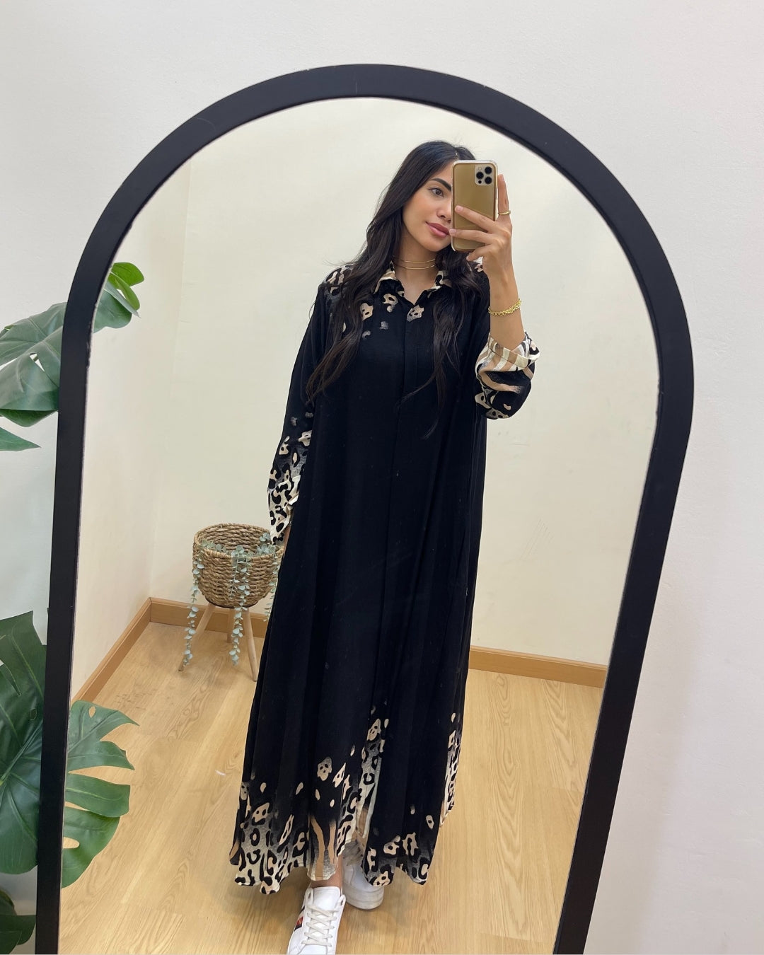 Black Belted Shirt Dress With Leopard Details