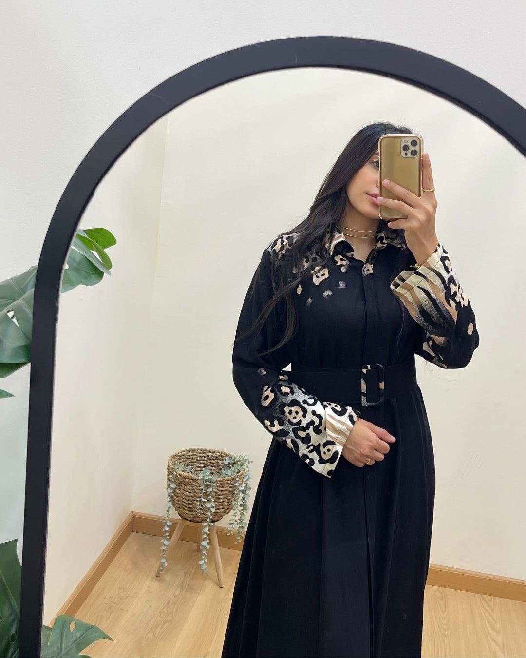 Black Belted Shirt Dress With Leopard Details