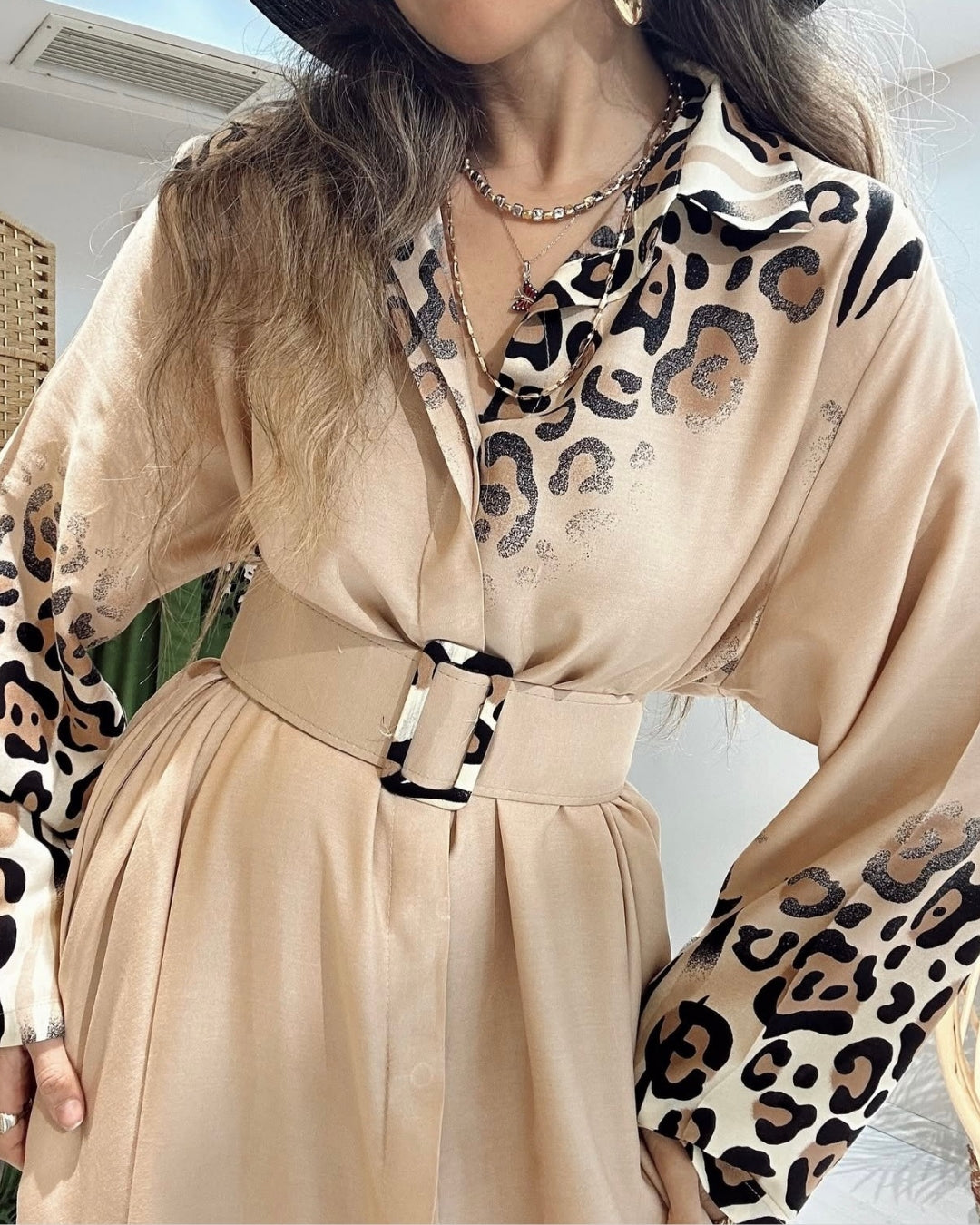 Beige Belted Shirt Dress