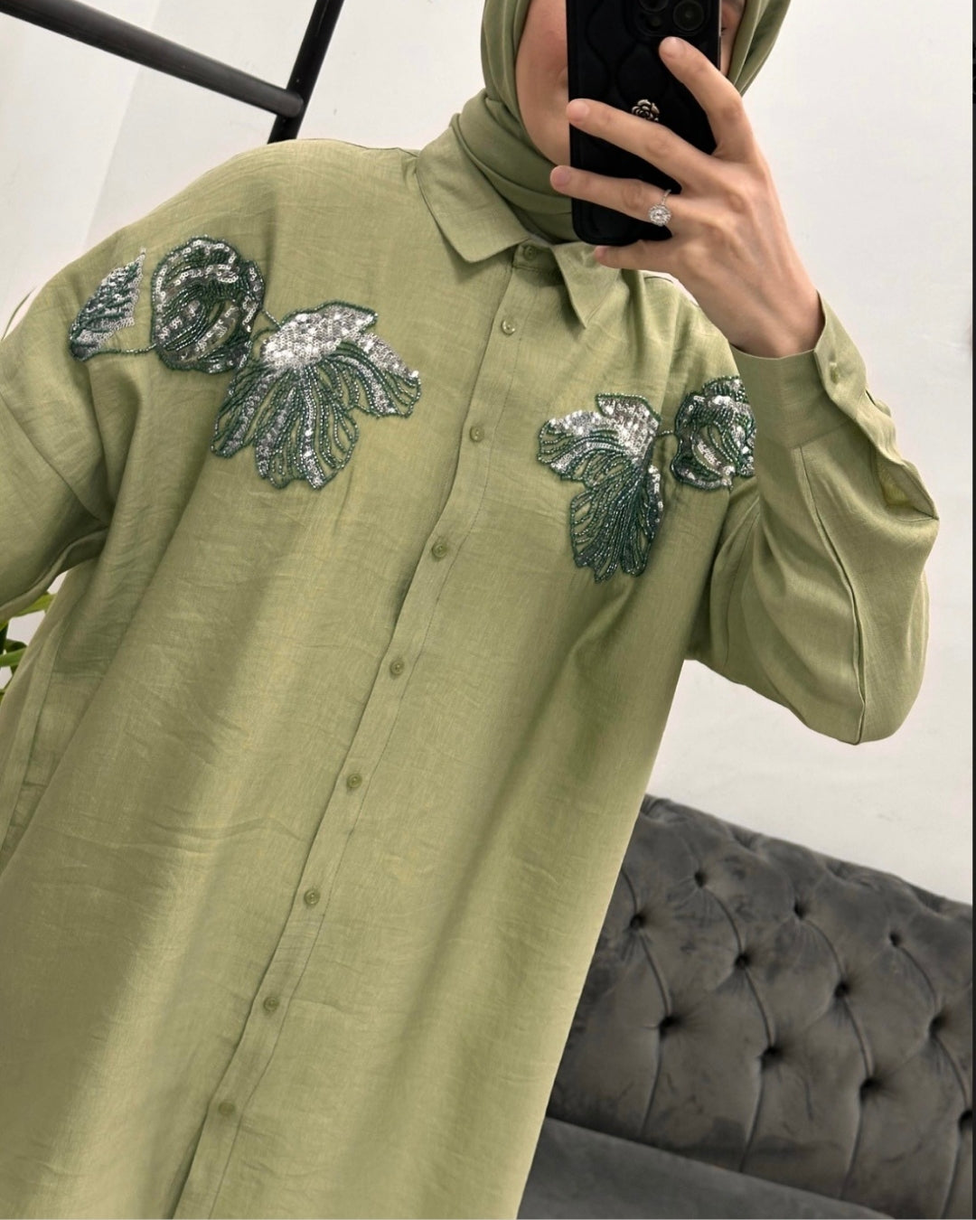 Embroidered Pistachio Linen Shirt