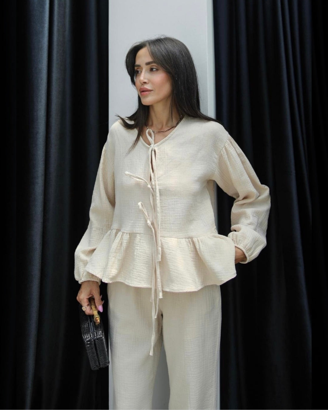 Beige Tie Front Linen Set
