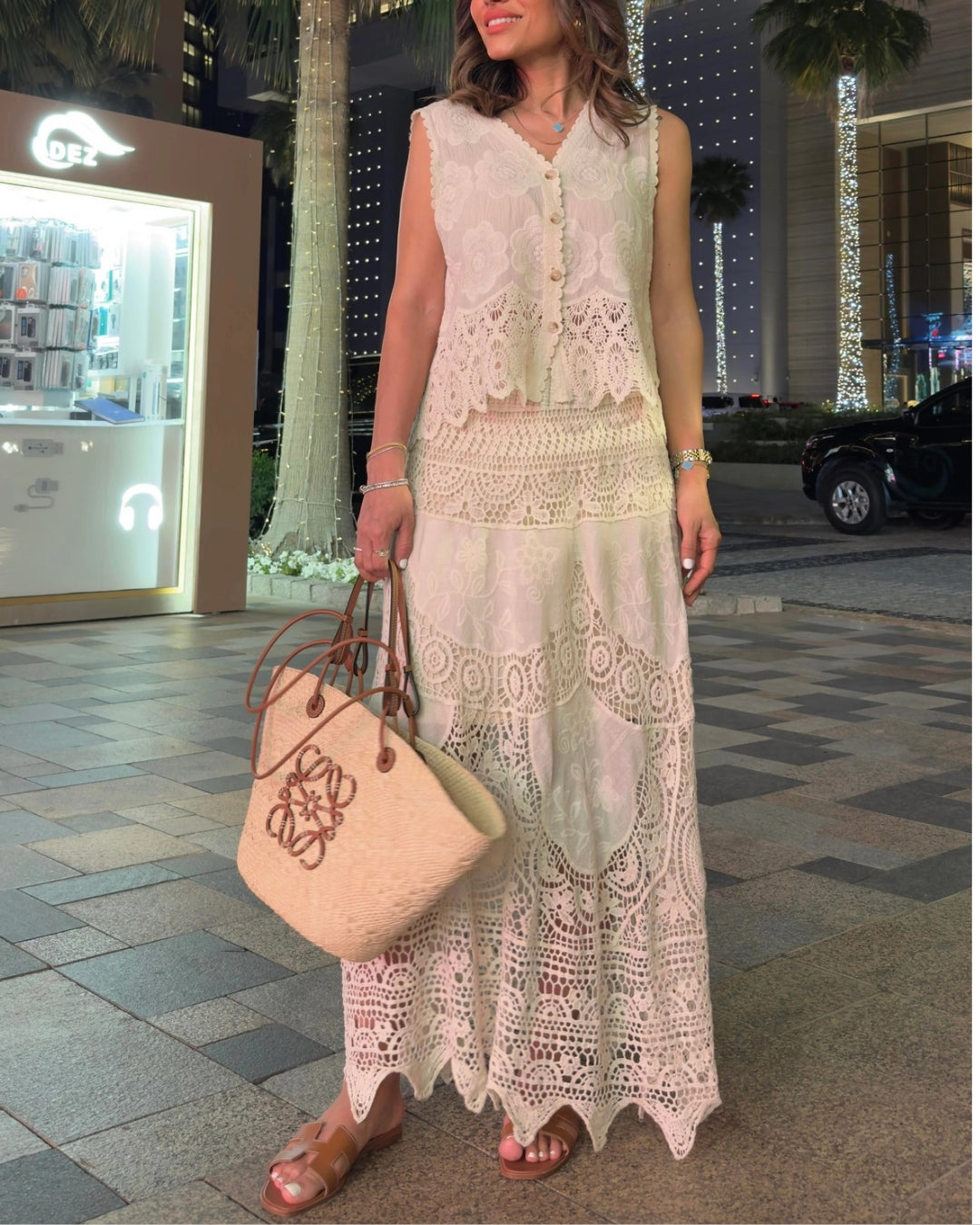 Lace Cream Embroidered Crochet Elastic Waist Skirt