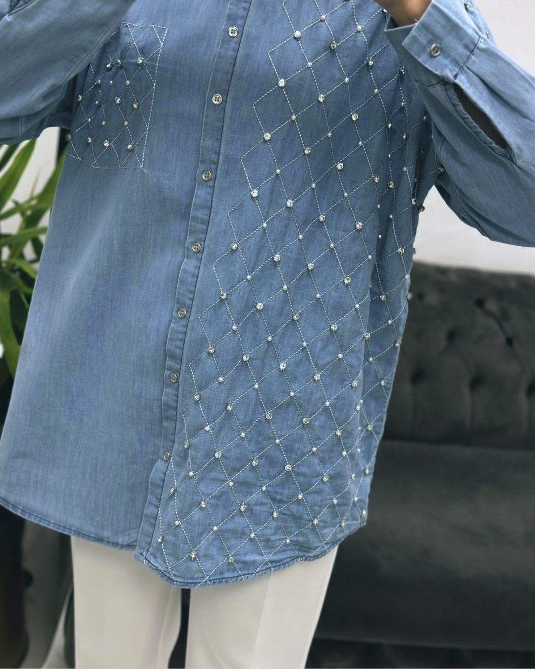 Pearls Embroidered Denim Shirt