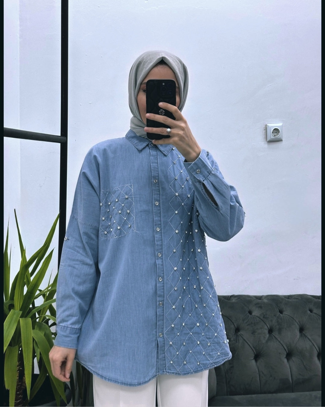 Pearls Embroidered Denim Shirt