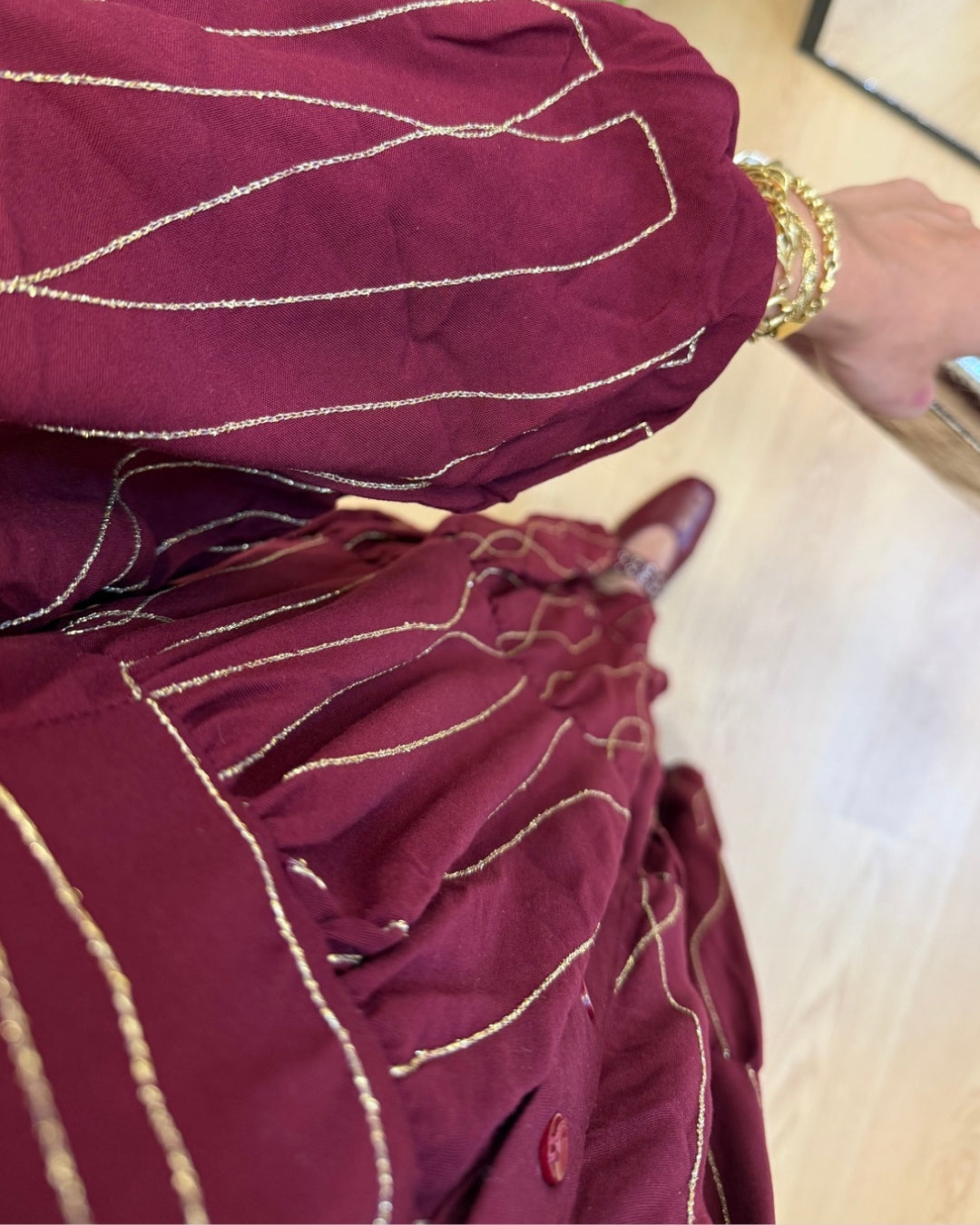 Embroidered Golden Lines Burgundy Dress