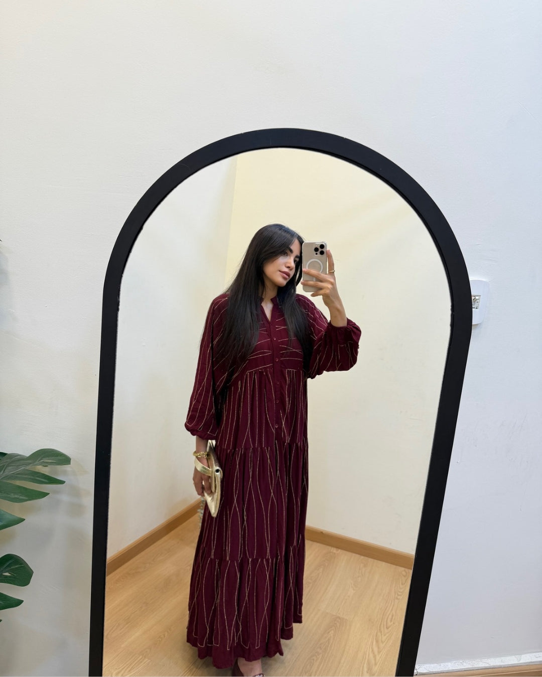 Embroidered Golden Lines Burgundy Dress