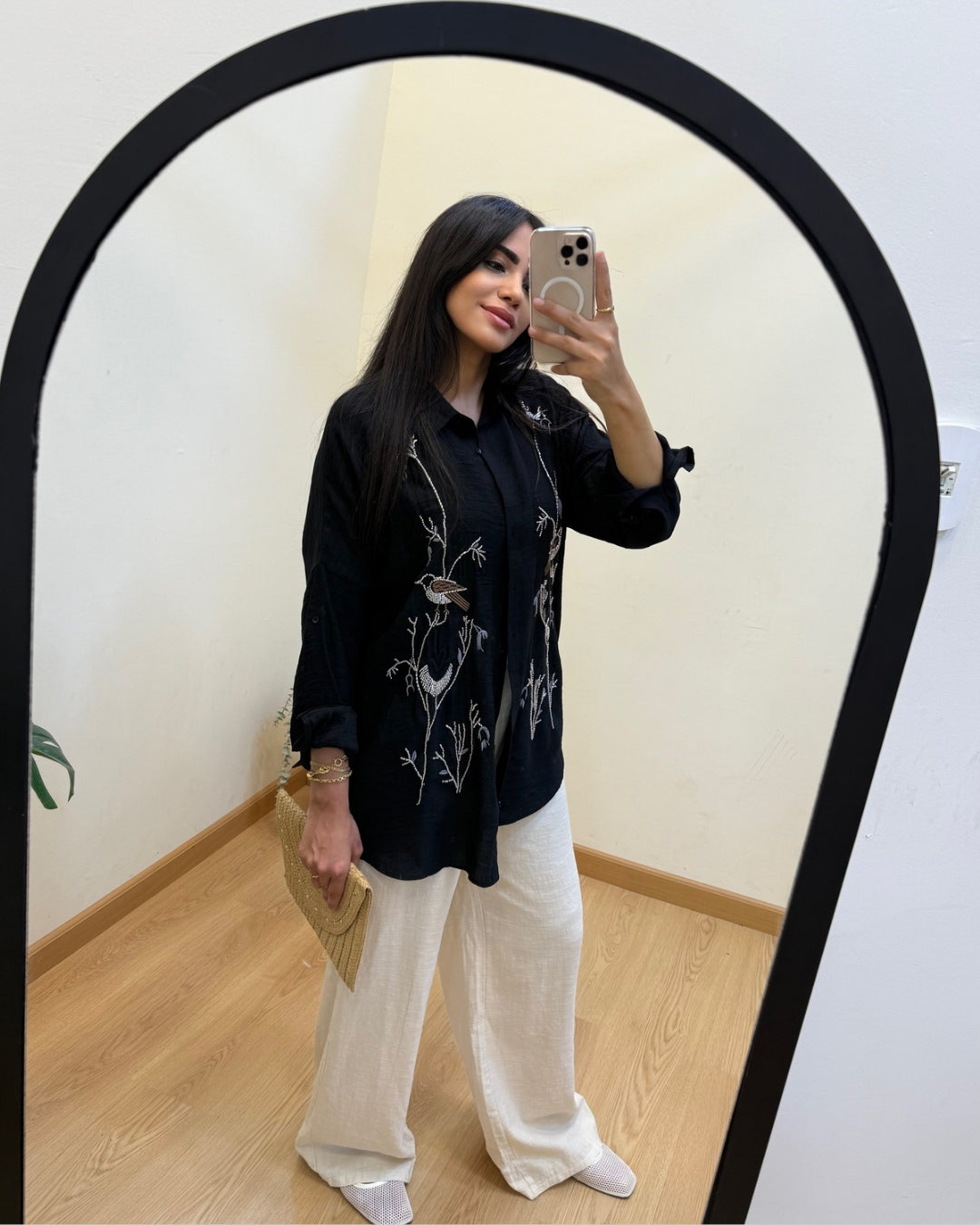 Black Embroidered Linen Shirt