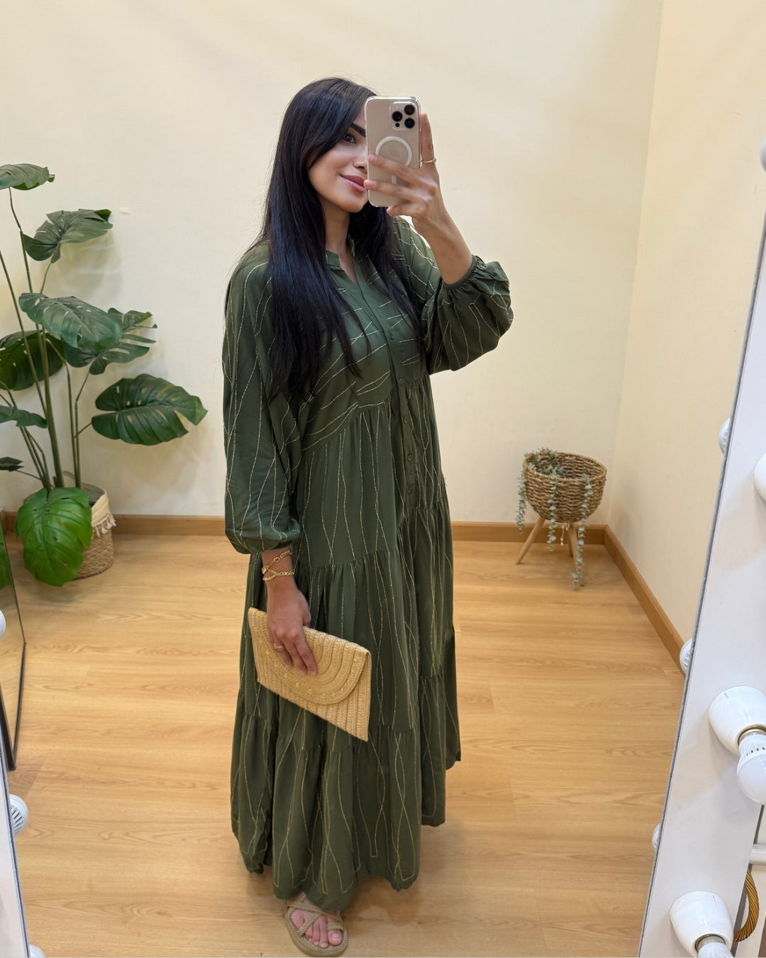 Embroidered Golden Lines Olive Dress
