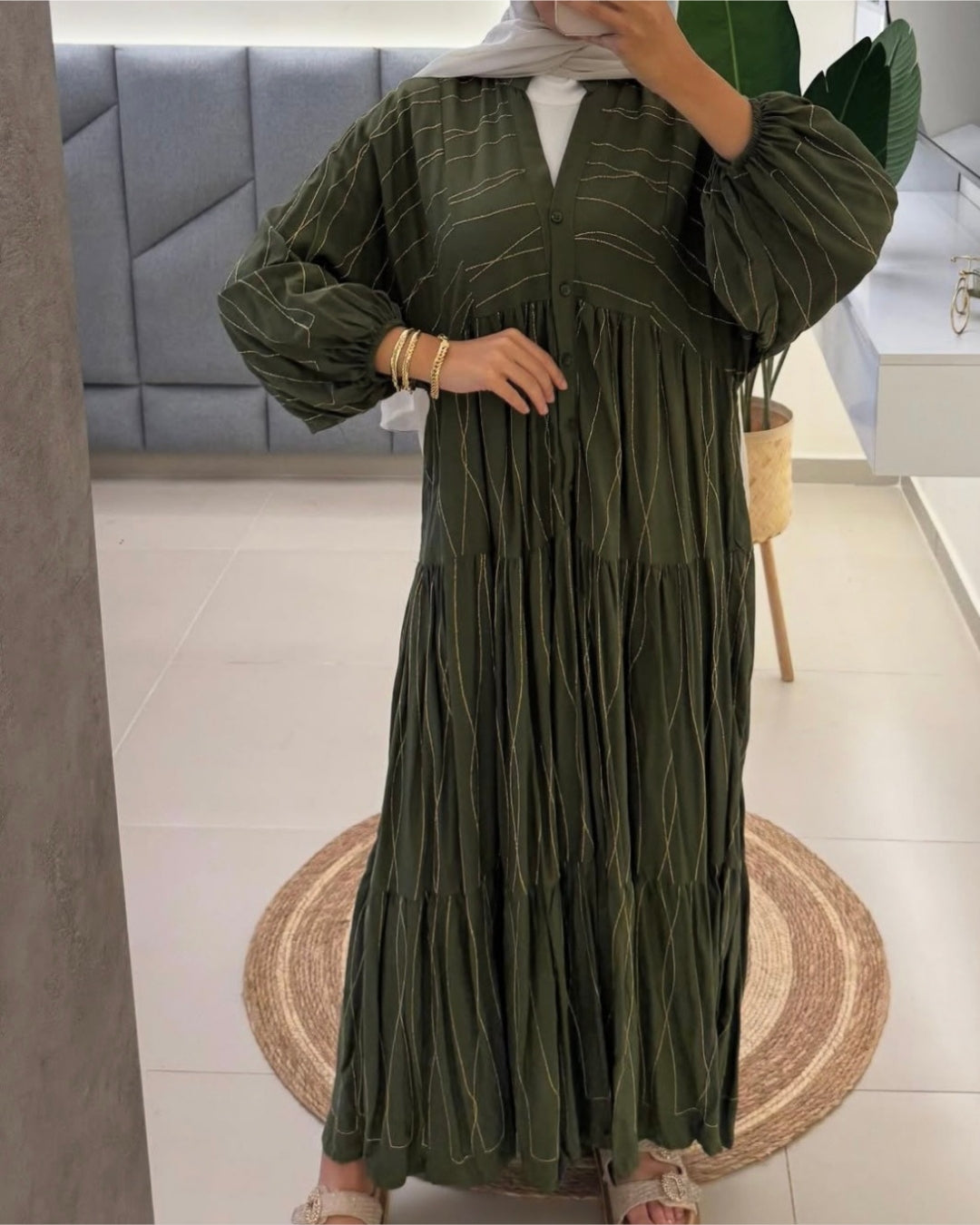 Embroidered Golden Lines Olive Dress