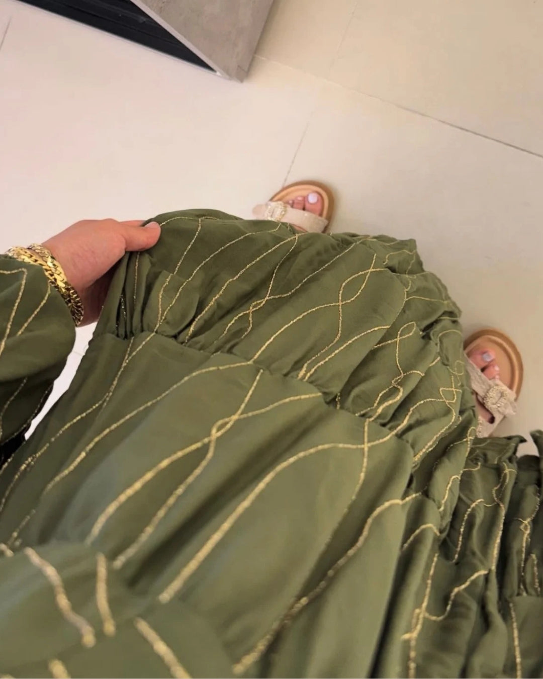 Embroidered Golden Lines Olive Dress