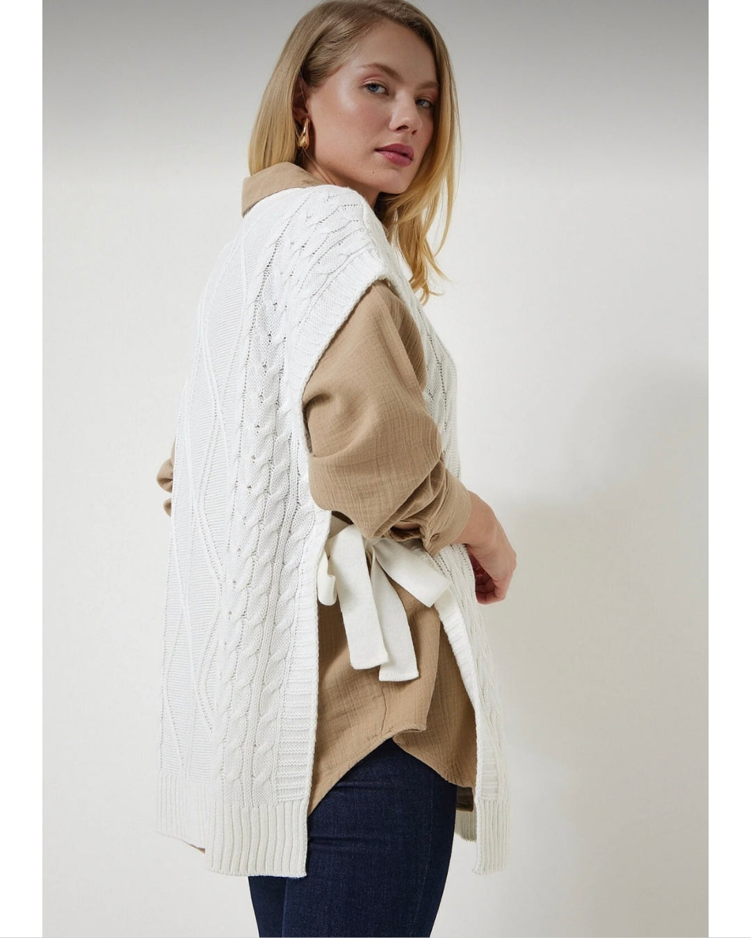 Creamy Ribbed Knit Vest With Side Ties