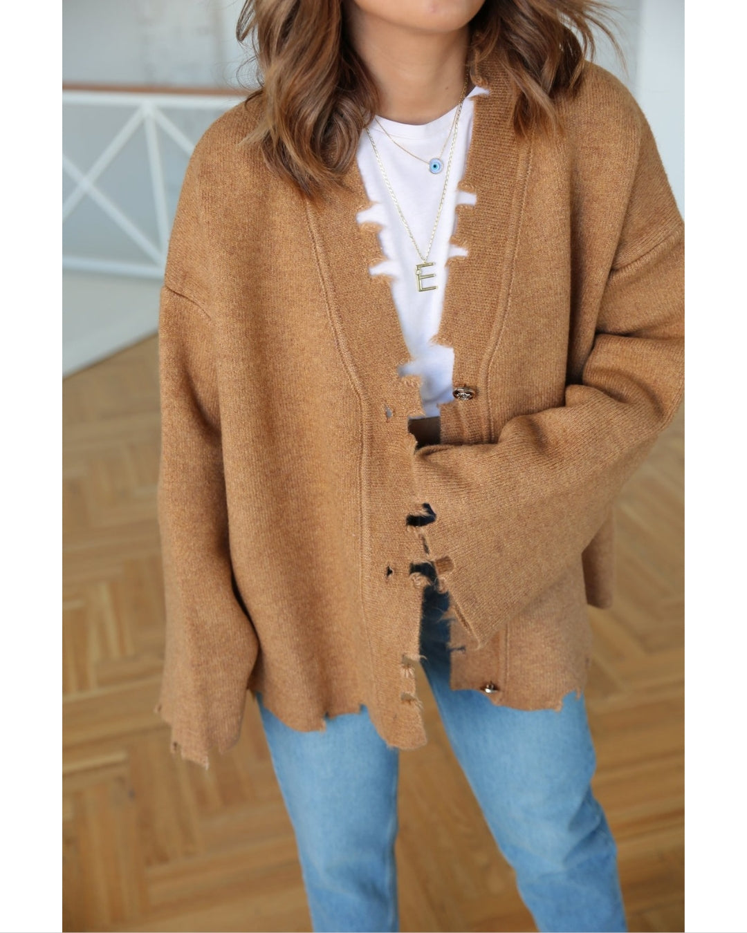 Chunky Knit Heavy Jacket With Gold Buttons-Camel