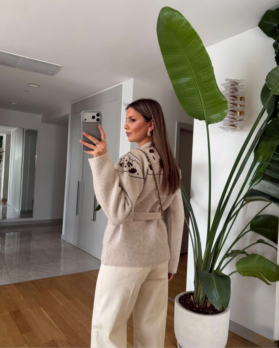 Beige Cardigan With Embroidery Flowers