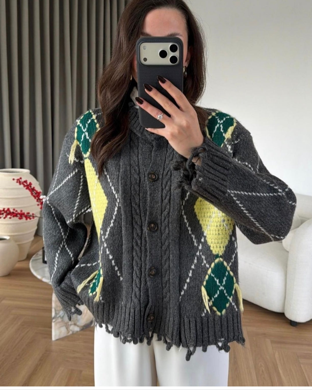 Vintage Olive & Mustard Knit Fringed Cardigan