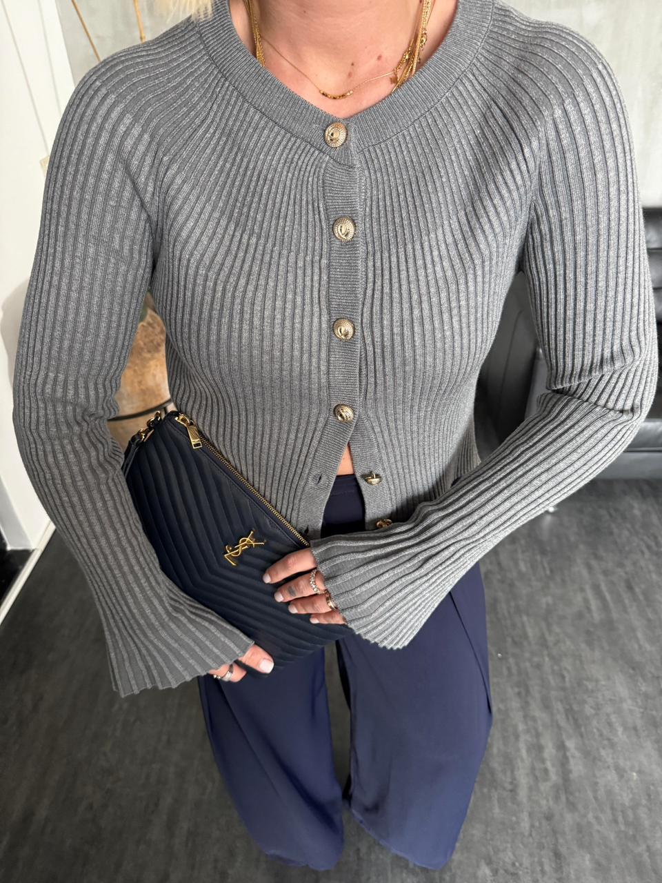 Grey Ribbed Button Cardigan