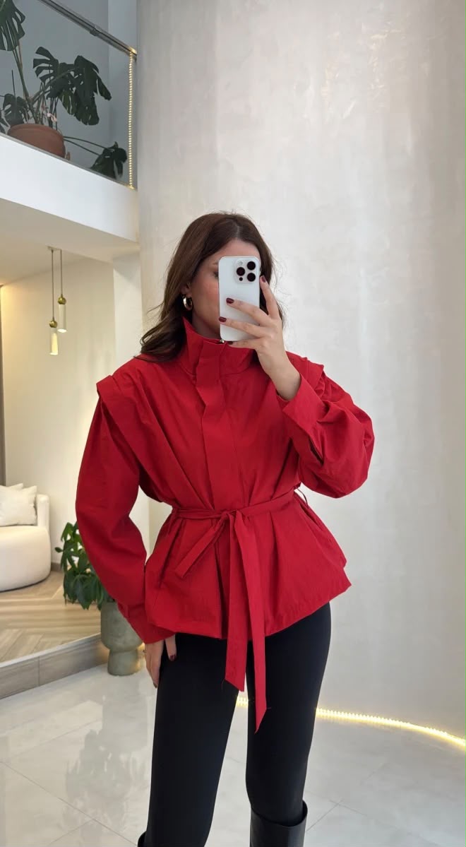 High Neck Oversized Belted Jacket In Red