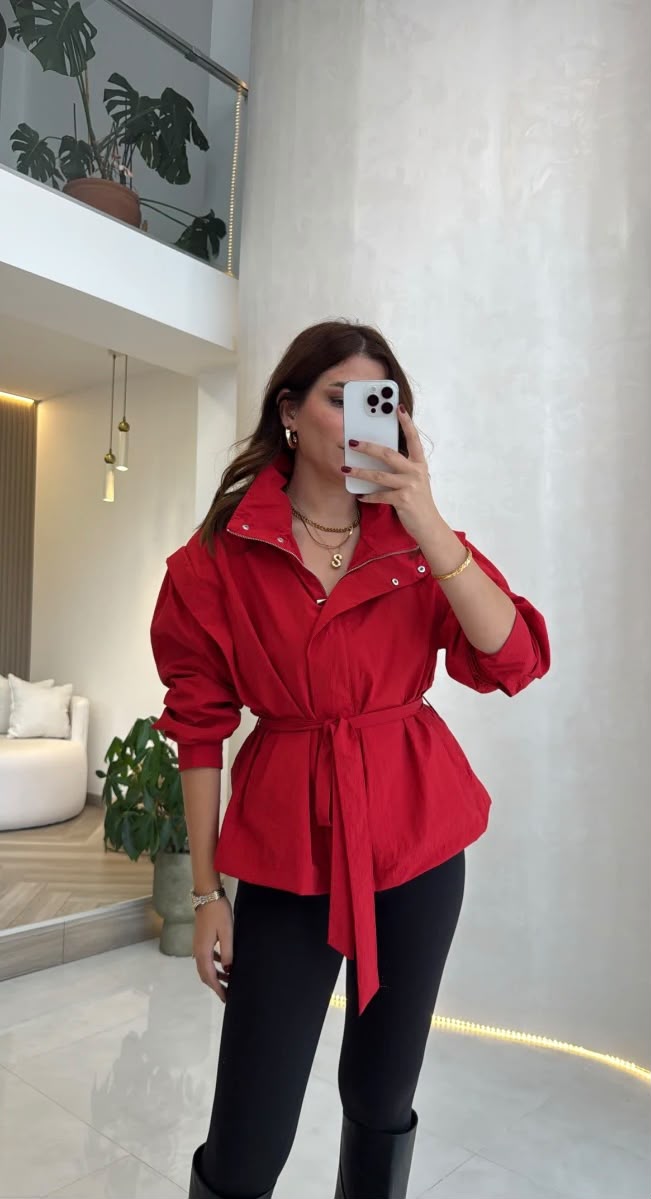 High Neck Oversized Belted Jacket In Red