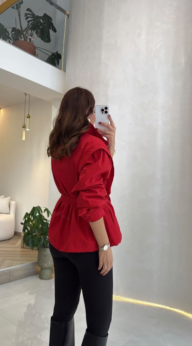 High Neck Oversized Belted Jacket In Red