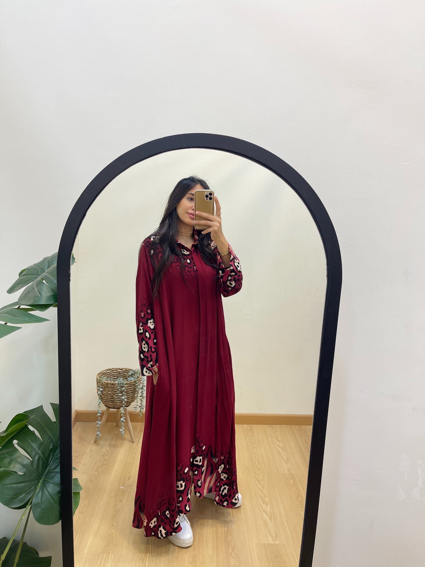 Burgundy Belted Shirt Dress With Leopard Details