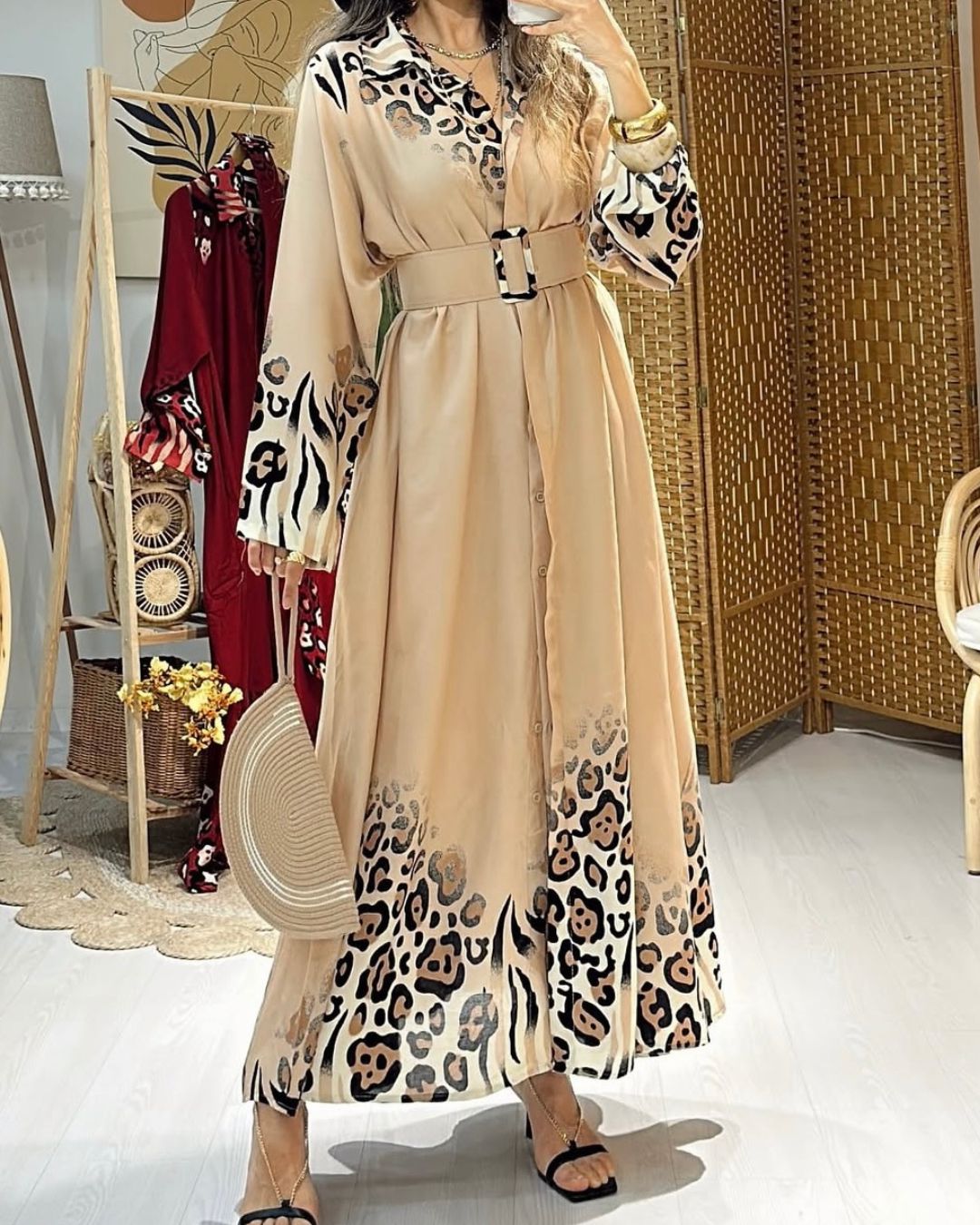 Beige Belted Shirt Dress