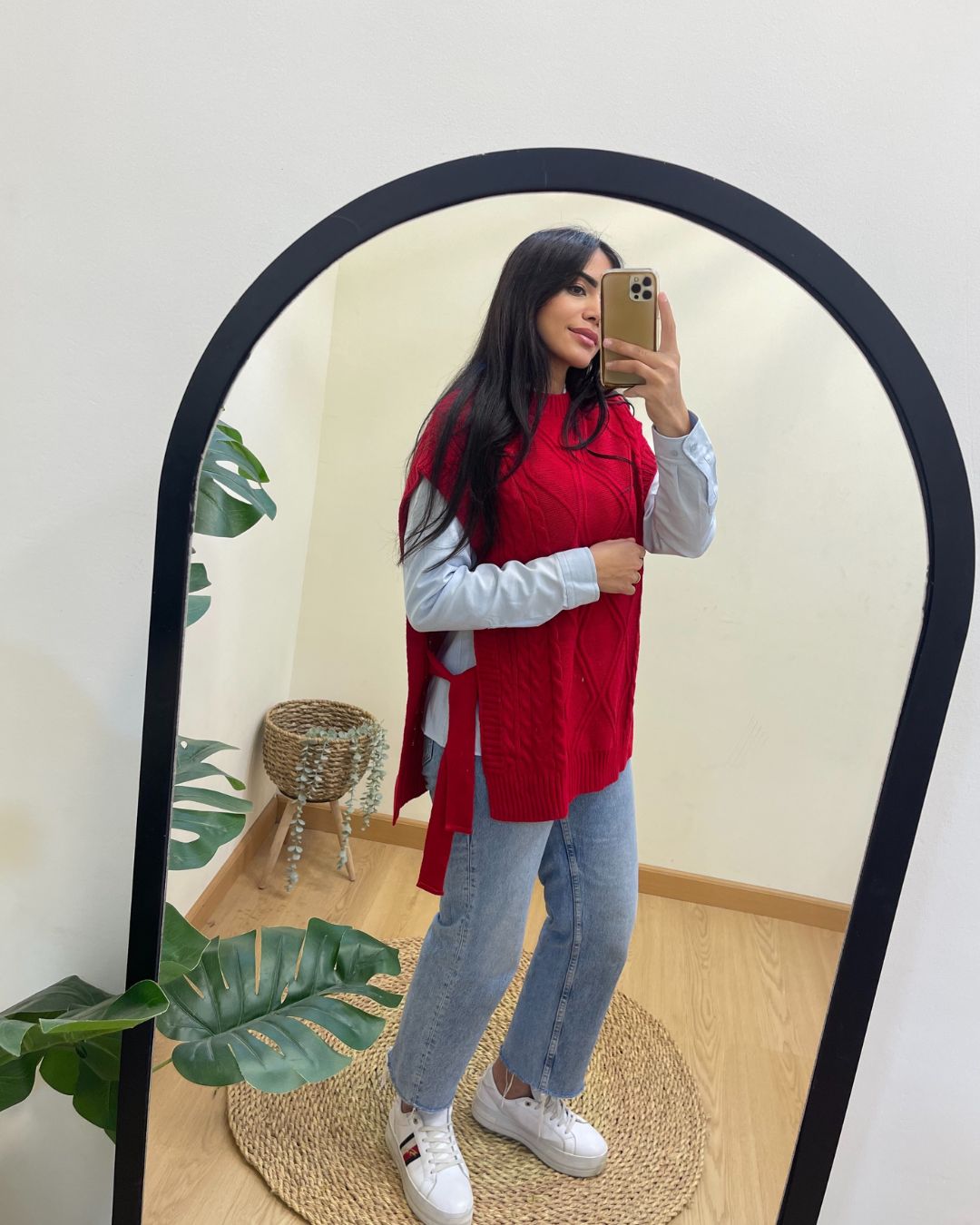 Red Ribbed Knit Vest With Side Ties