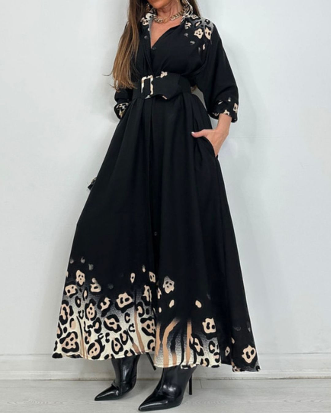 Black Belted Shirt Dress With Leopard Details