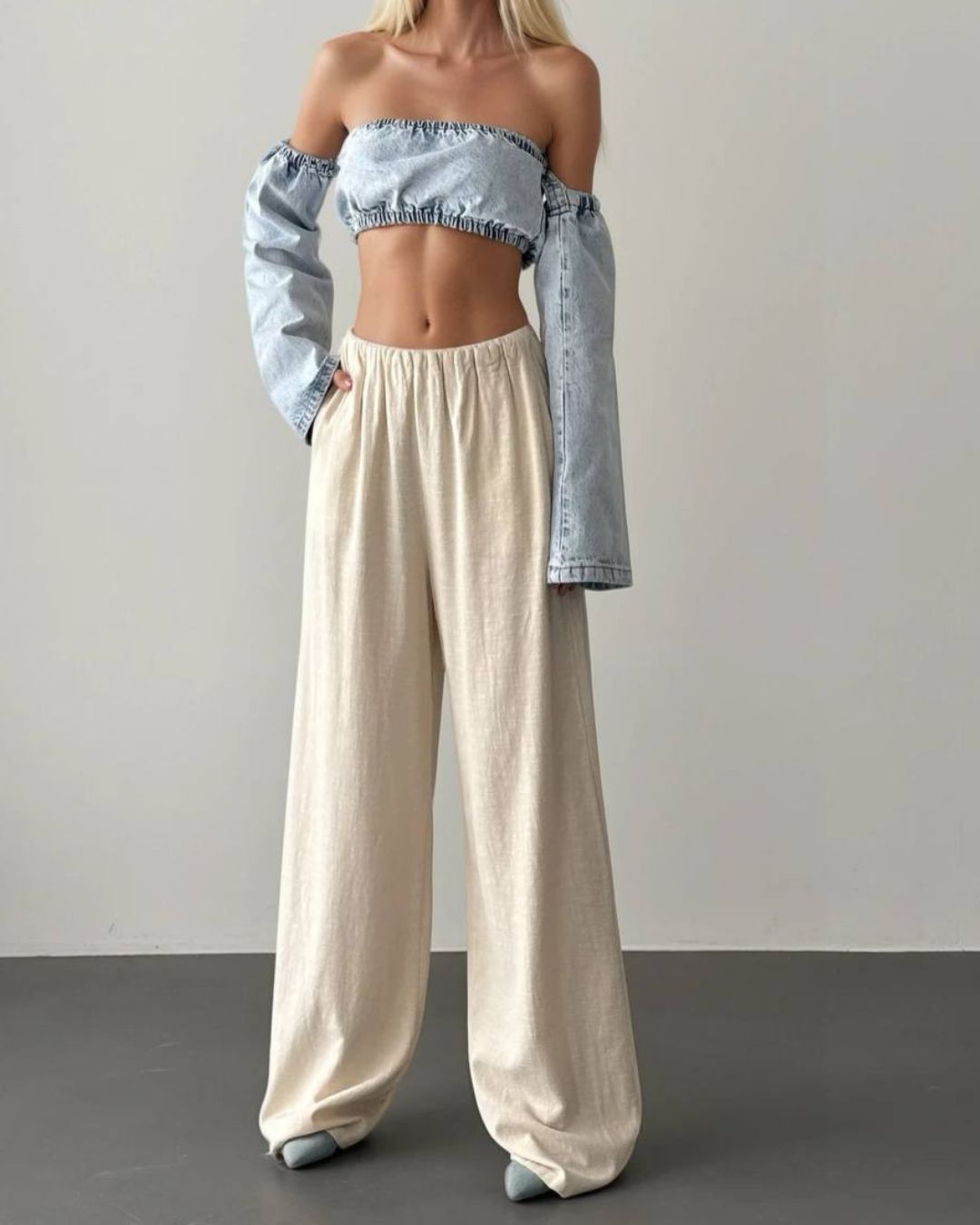 Linen Beige Wide Pants With Elastic Waist