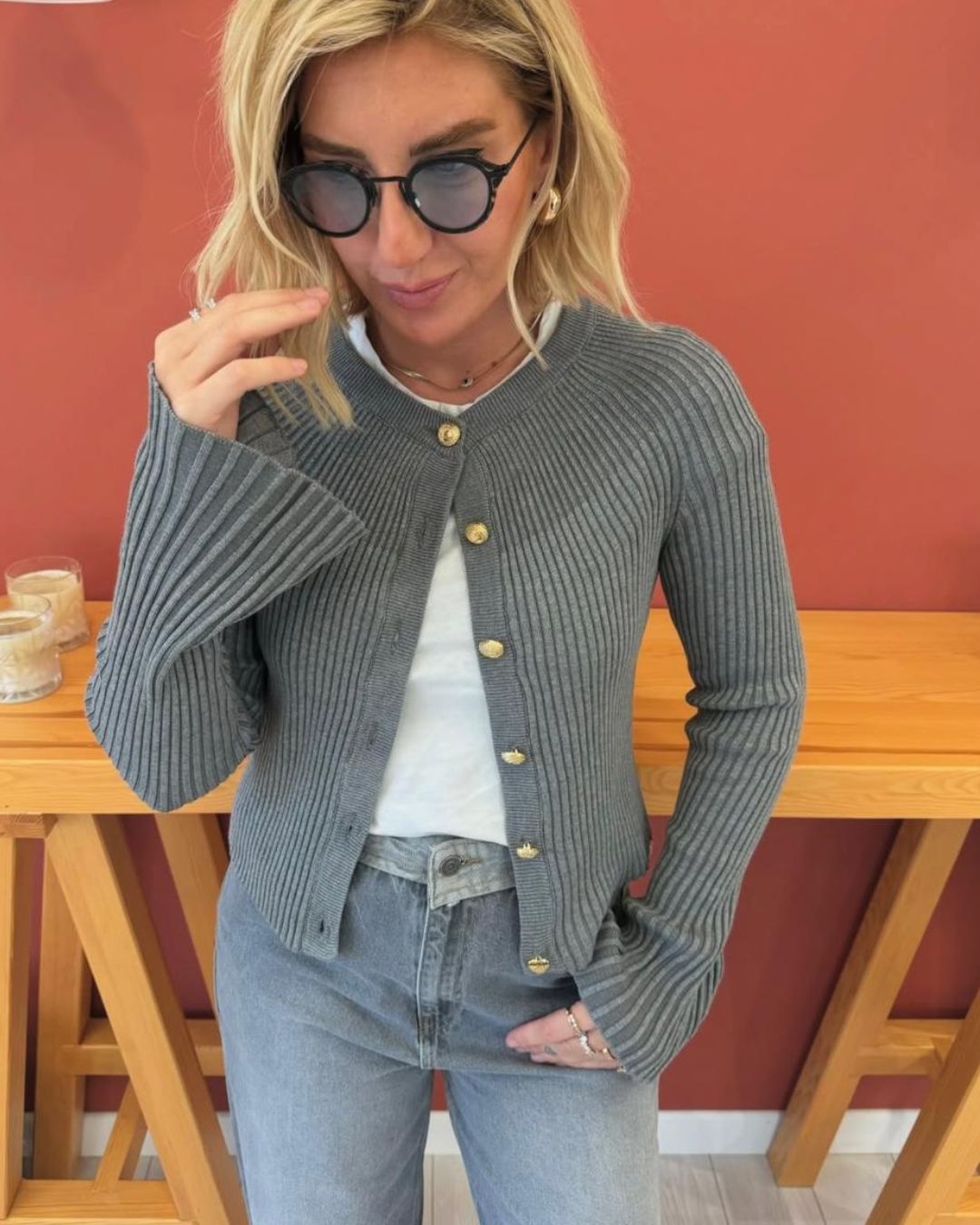 Grey Ribbed Button Cardigan