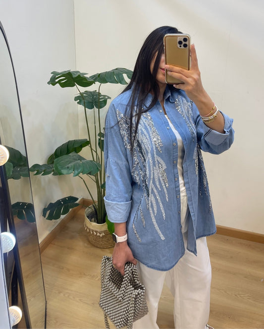 Embroidered Light Blue Denim Shirt
