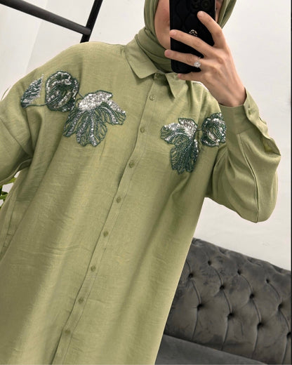 Embroidered Pistachio Linen Shirt