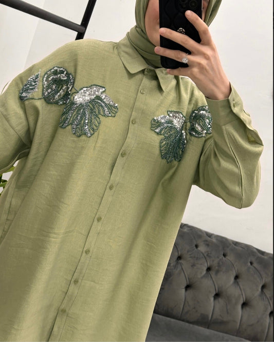 Embroidered Pistachio Linen Shirt