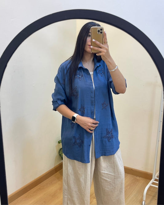 Embroidered Sequin Stars Linen Shirt