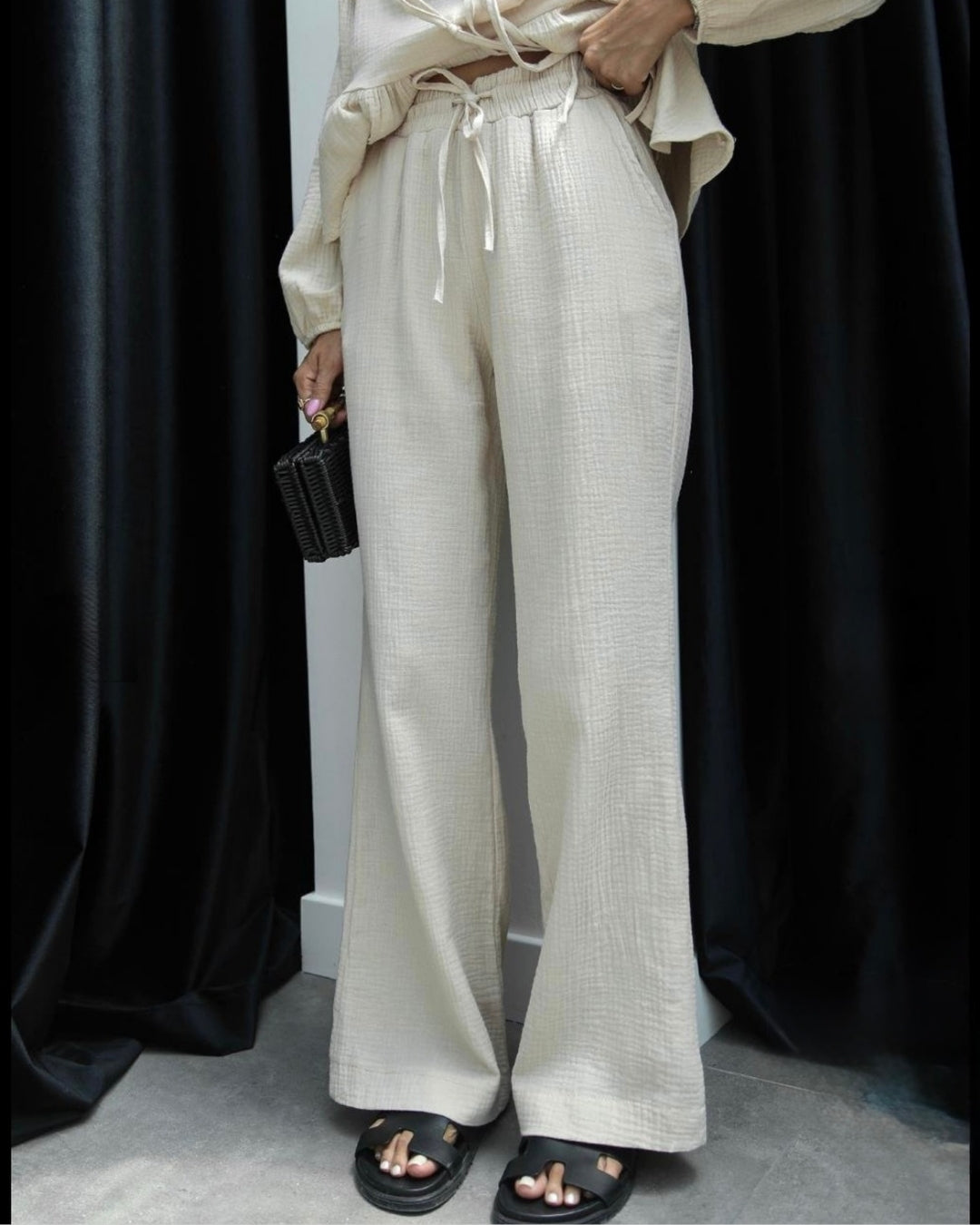 Beige Tie Front Linen Set