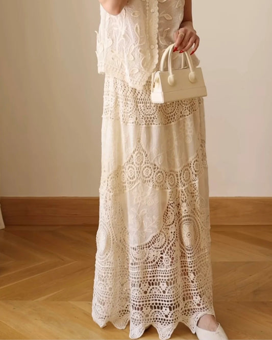 Lace Cream Embroidered Crochet Elastic Waist Skirt
