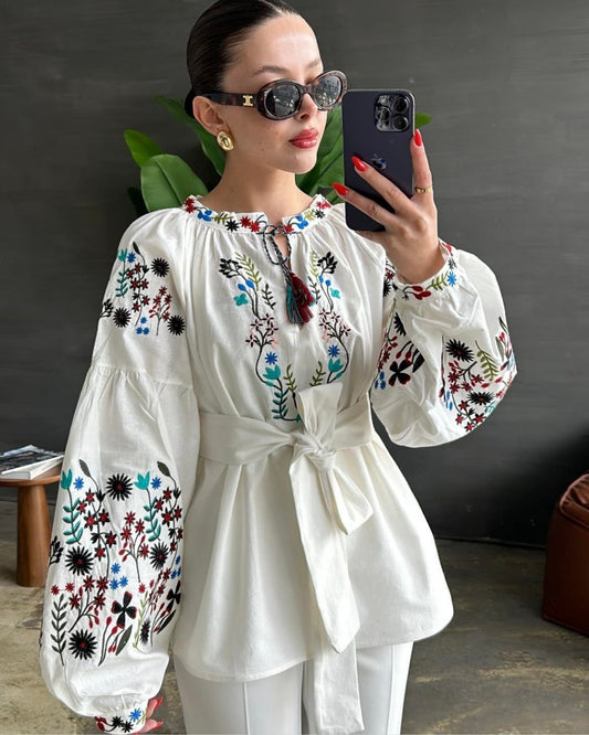 White Embroidered Belted Blouse