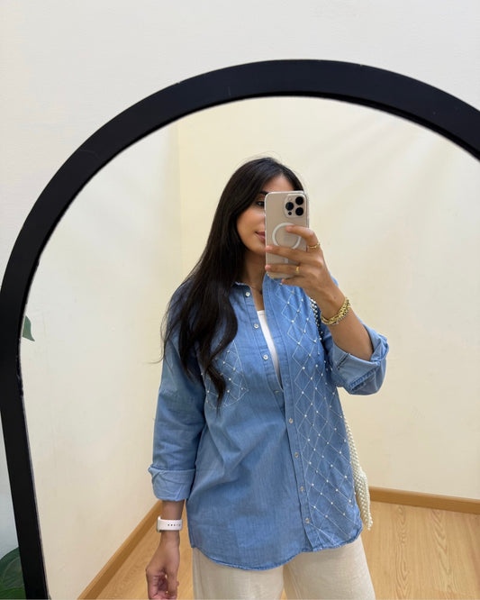Pearls Embroidered Denim Shirt