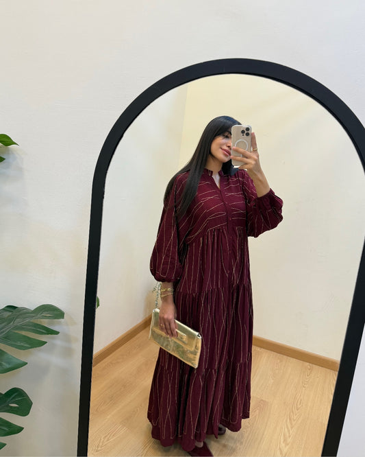 Embroidered Golden Lines Burgundy Dress