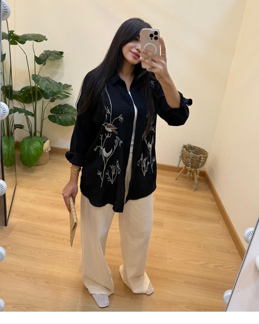 Black Embroidered Linen Shirt