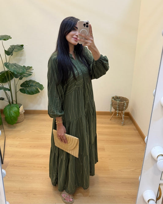 Embroidered Golden Lines Olive Dress