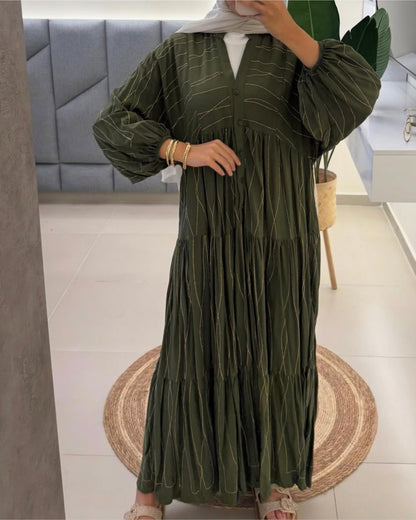 Embroidered Golden Lines Olive Dress