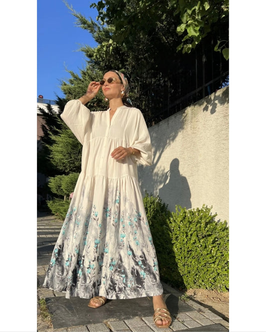 Turquoise Bloom White Dress