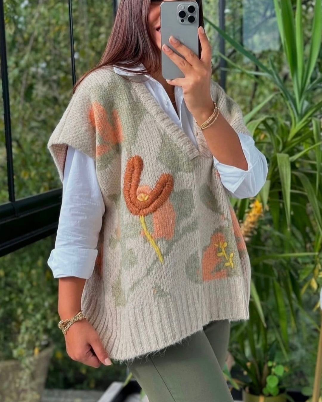 Embroiderd Beige Floral Triko Vest