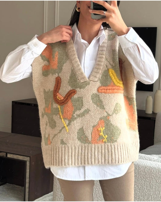 Embroiderd Beige Floral Triko Vest