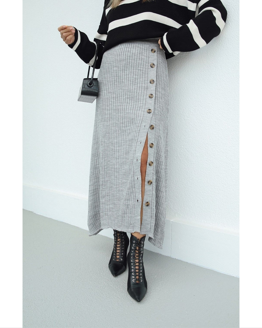 Button Front Ribbed Knit Maxi Skirt