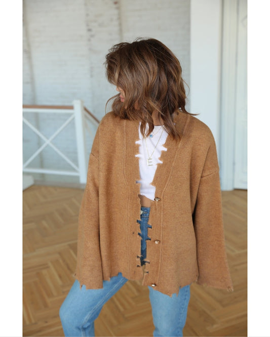 Chunky Knit Heavy Jacket With Gold Buttons-Camel