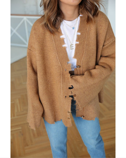 Chunky Knit Heavy Jacket With Gold Buttons-Camel