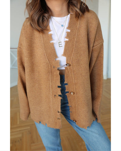 Chunky Knit Heavy Jacket With Gold Buttons-Camel