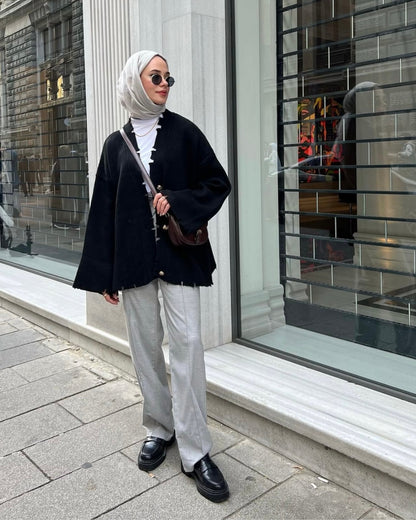 Chunky Knit Jacket With Gold Buttons-Black